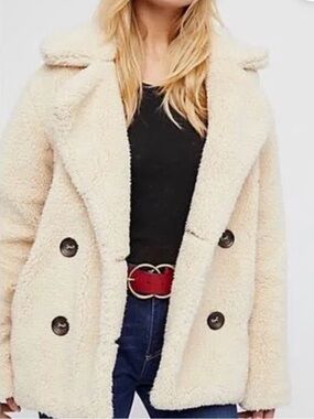 Free People Double Breasted Teddy Coat Tan Wide Collar Winter Jacket Size M